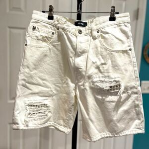 Just Cavalli Distressed White Denim Shorts with Skull and Stud Detail - Size 31